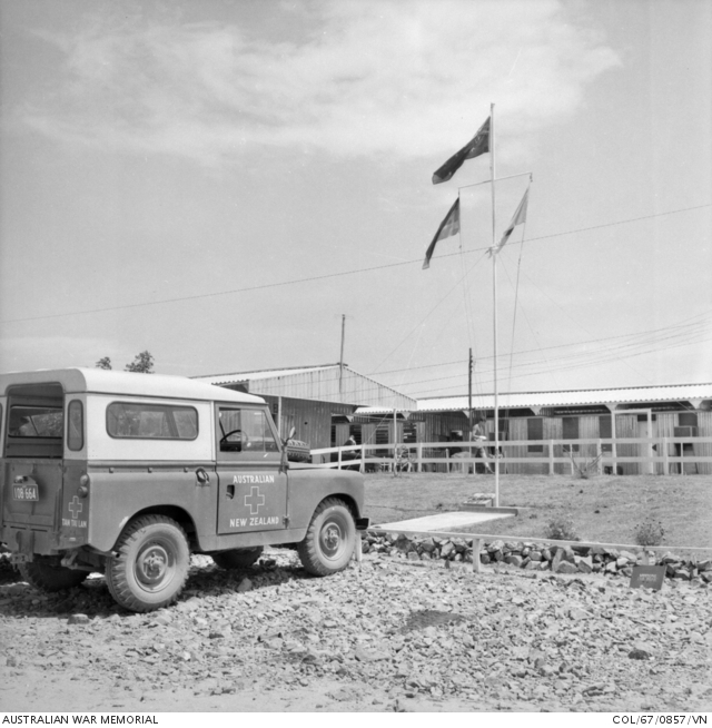 Forward Area Ambulance — Context, not the subject: this 88-inch hard-top belonged to the Australian and New Zealand Red Cross Society, photographed in September 1967 outside 8th Field Ambulance at the 1st Australian Logistic Support Group base, Vung Tau. It is a different body on the same wheelbase, and shows the medical setting in which Forward Area Ambulances worked.